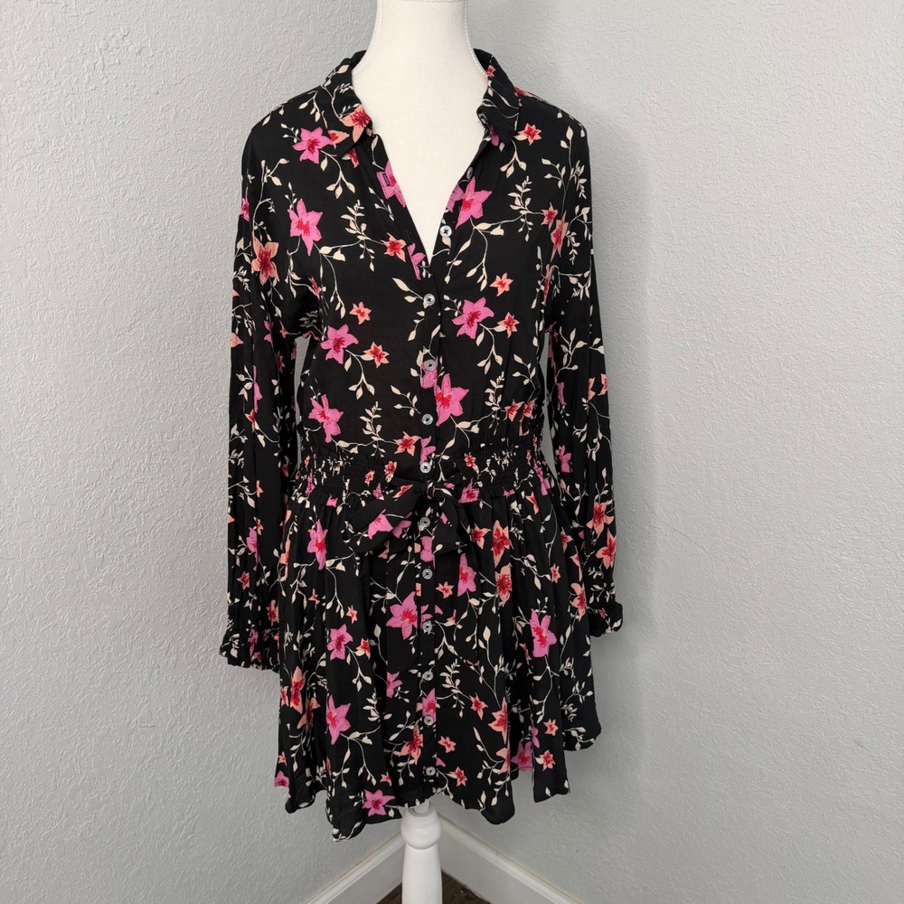 Free People Lighten Up Black Pink Floral Dress